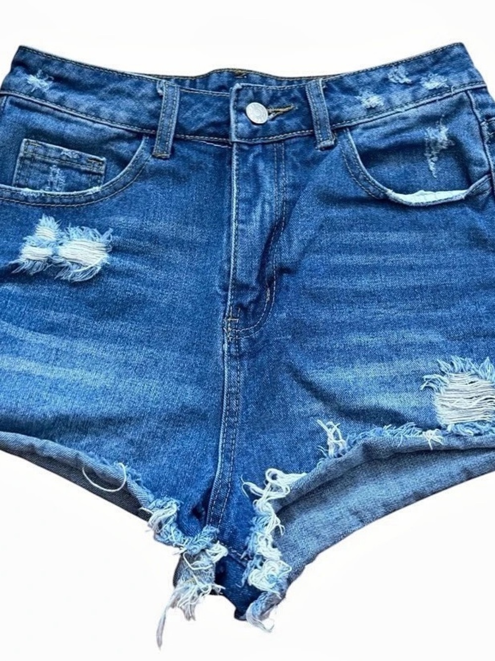 SHEIN Women’s Size S High Waist Distressed Denim Shorts Raw Hem Ripped Blue